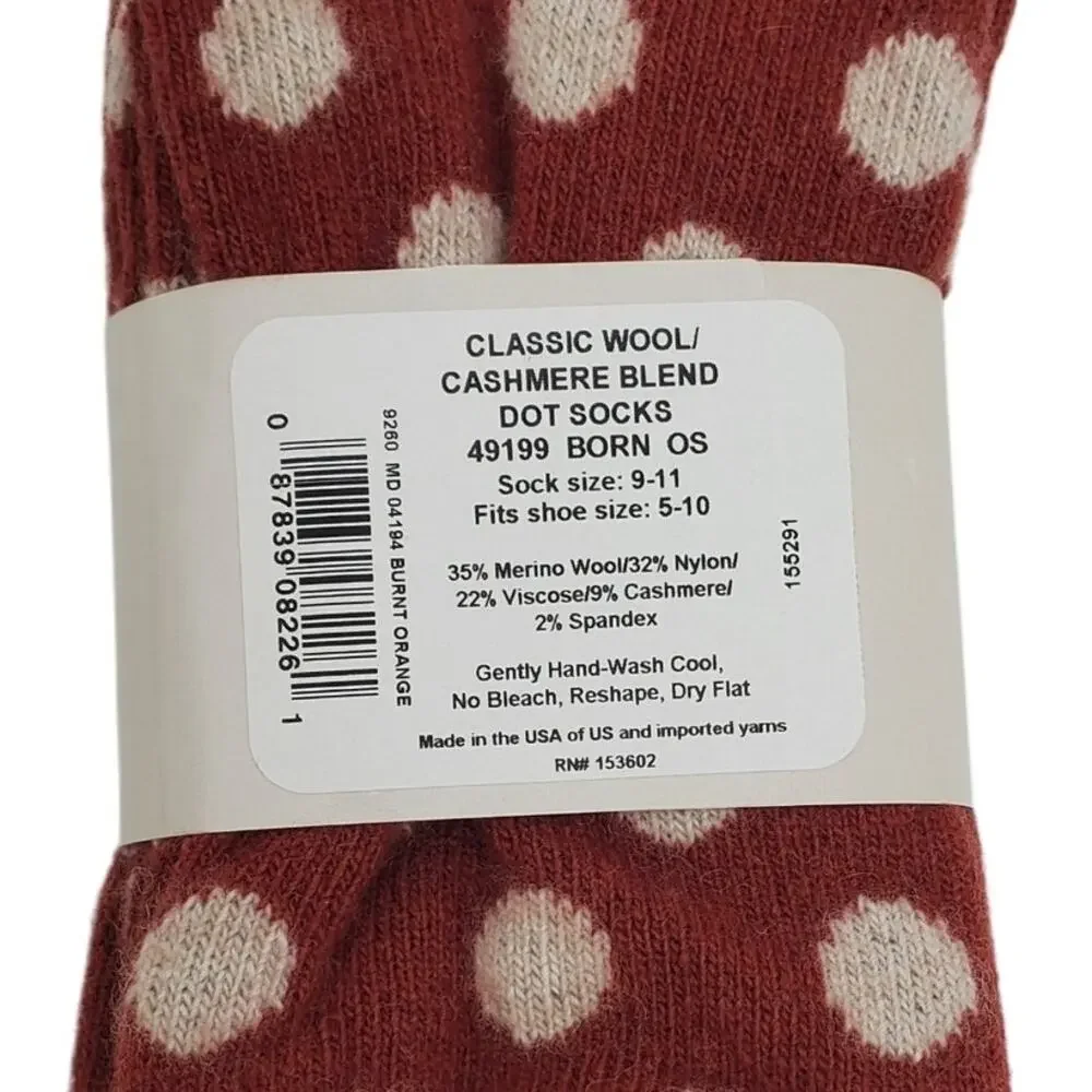 New Garnet Hill Dot Socks 9-11 Warm Cozy Cashmere Blend Crew Orange Holiday Gift